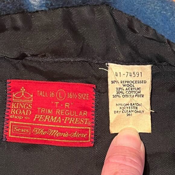 Vintage 70s Kings Road Loop Collar Wool Flannel Shirt Blue Plaid Sears Sz Large - Picture 7 of 8